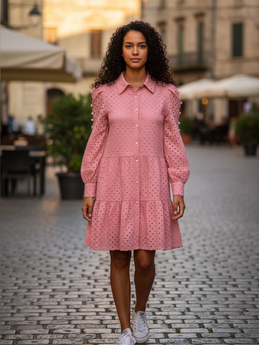 ANTONIO MELANI Pink Eyelet Midi Dress